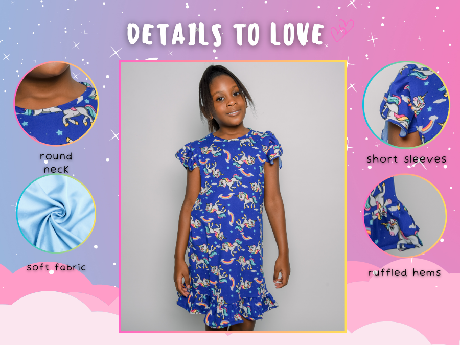 TreJaz Unicorn Princess Pajama Dresses for Girls Sleepwear Blue